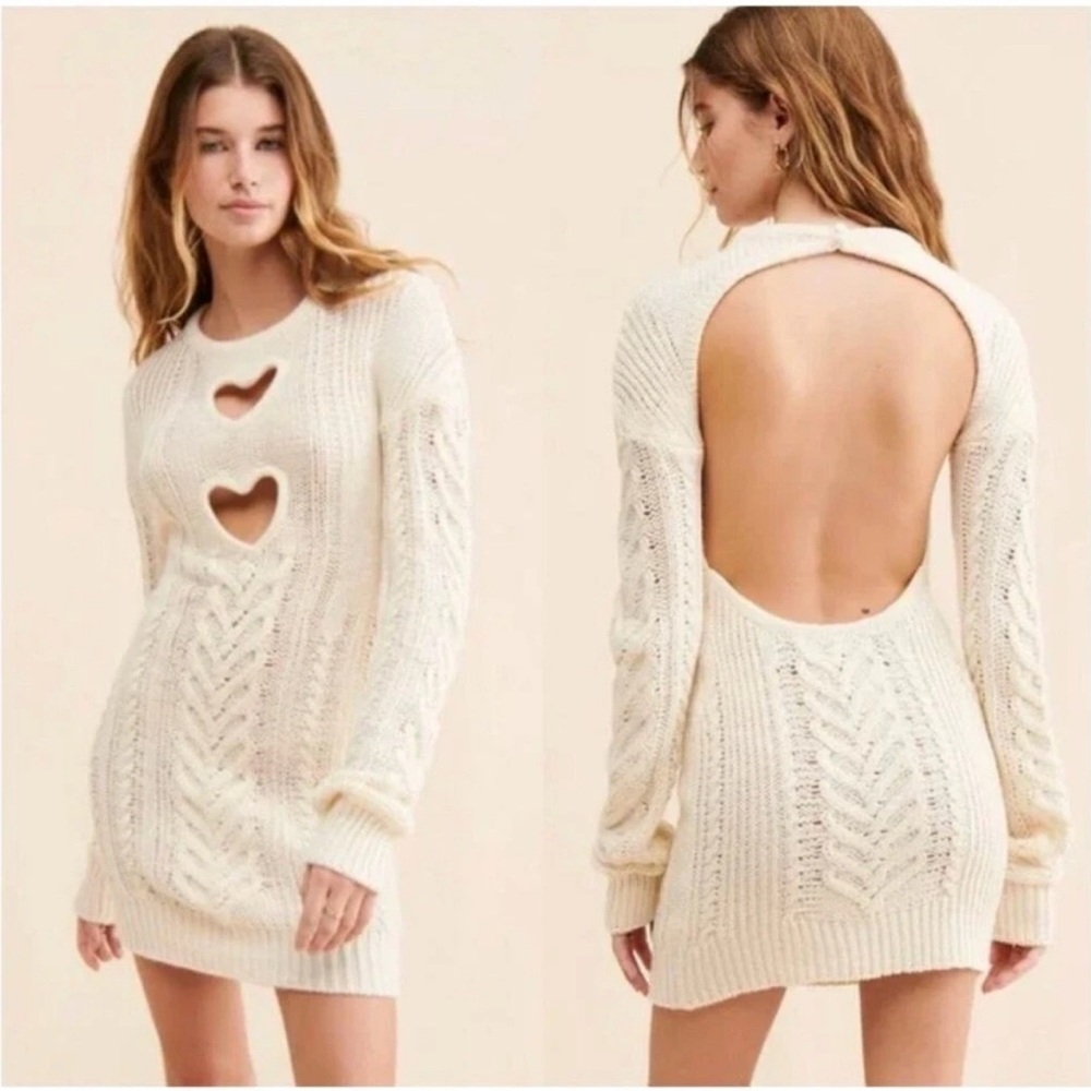 FOR LOVE & LEMONS Vera Cut Out Hearts Cable-knit Mini Dress Cream Size XS